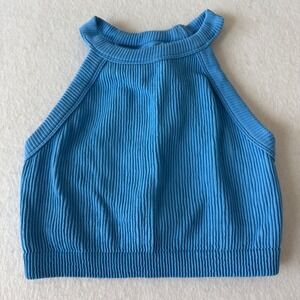 Aerie Ribbed Sleeveless Halter Crop Top Women Large Blue High Neck
